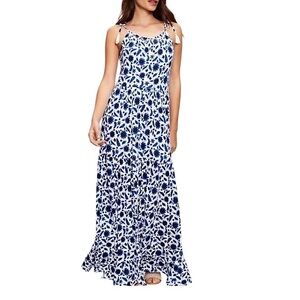 Loft Beach Style 564768 Blue White Floral Shoulder Tie Soft Tiered Maxi Dress XL